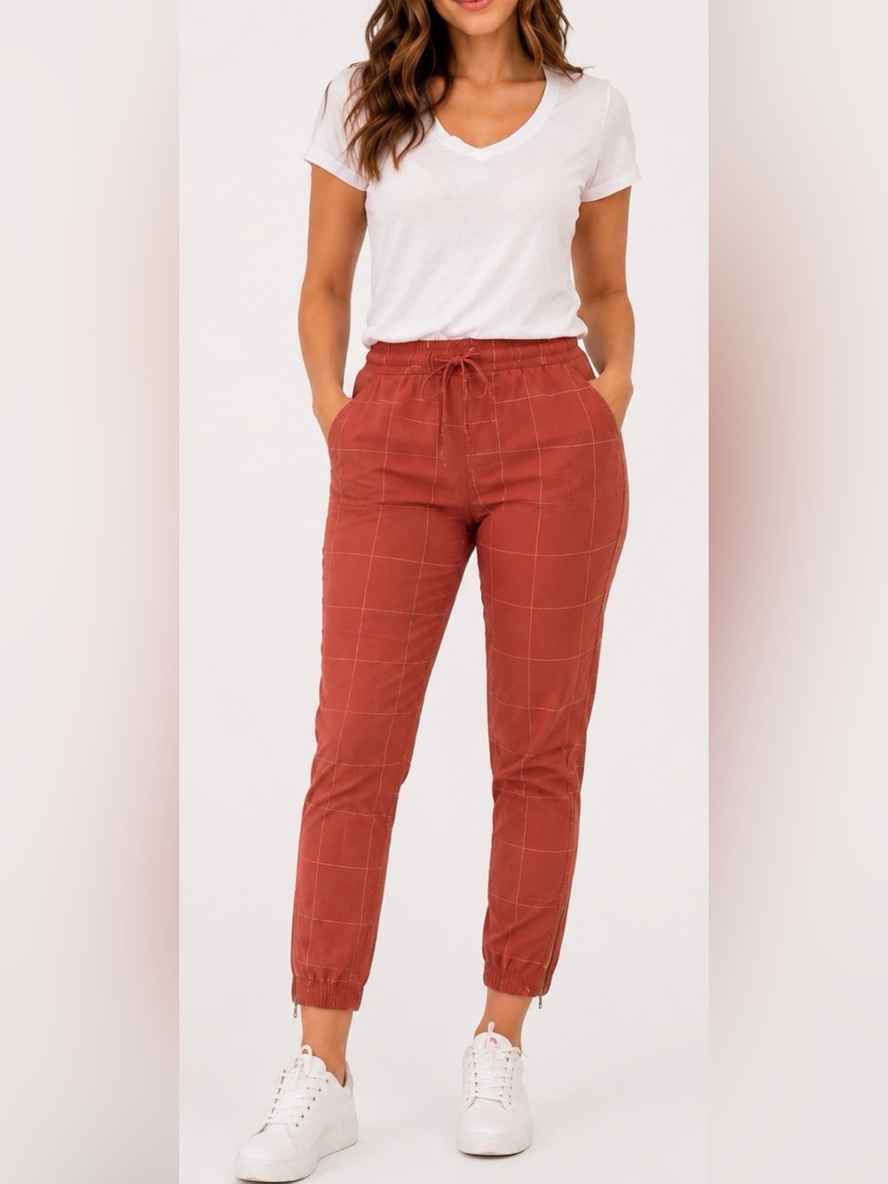 Albion Windowpane Print Jogger Pants XS Terracotta Rose Performance Zip Ankle